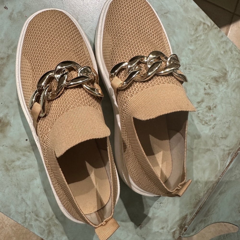 Worn about two times (shoe size has changed) mesh slip ons with gold chain